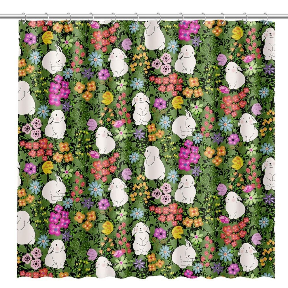 Shower Curtain Bunnies Kids Easter Bunny Spring Floral Washable Waterproof FCT